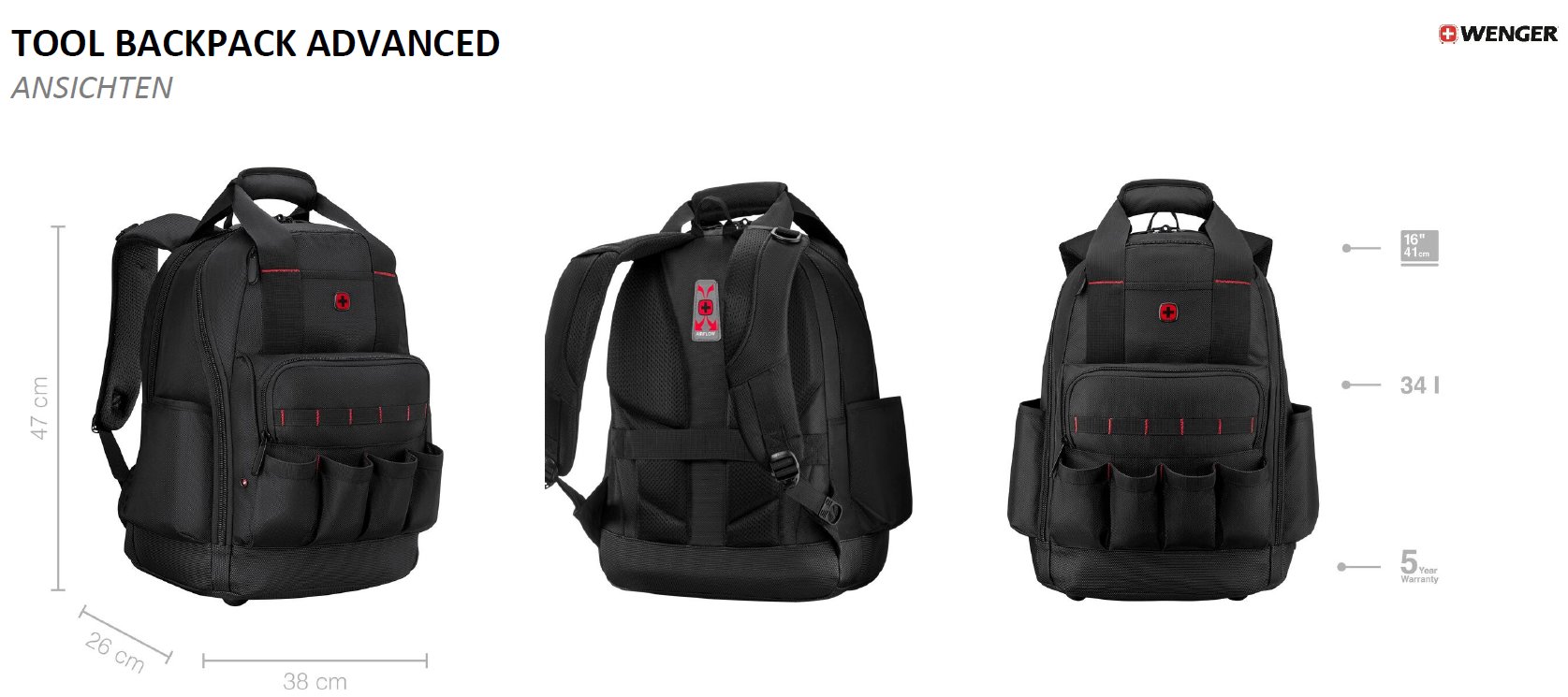 Tool Backpack Advanced – Ansichten von vorne, hinten und seitlich mit Maßangaben 38×47×26 cm, 34 l, 16″