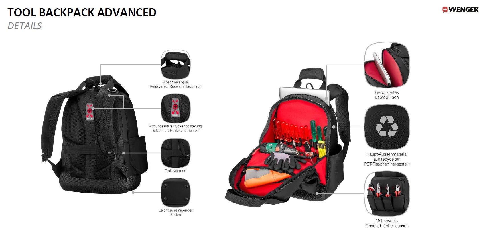 Tool Backpack Advanced – Details: abschließbare Reißverschlüsse, atmungsaktive Rückenpolsterung, Comfort-Fit Schulterriemen, Trolleyriemen, leicht zu reinigender Boden, Laptop-Fach, recyceltes Material, Mehrzweck-Einschubfächer