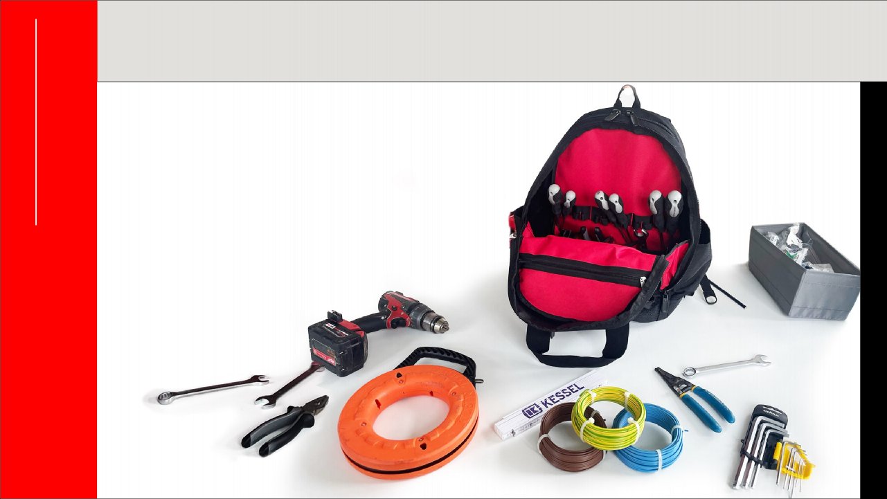 Tool Backpack Advanced – Beladungsbeispiel mit Werkzeugen und Kabeltrommel