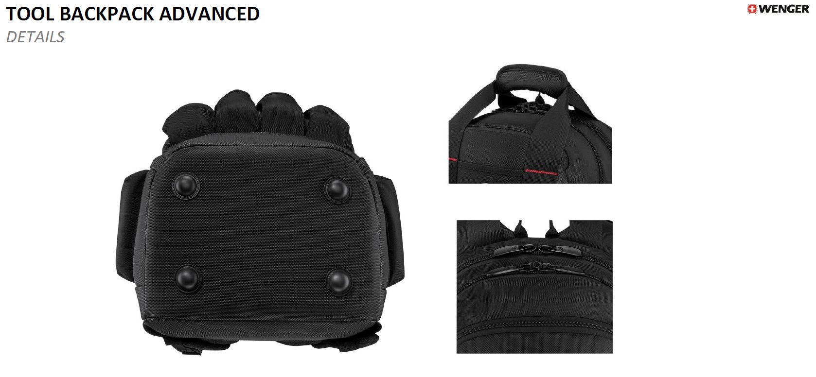 Tool Backpack Advanced – Detailaufnahme Bodenstandfüße und Reißverschluss