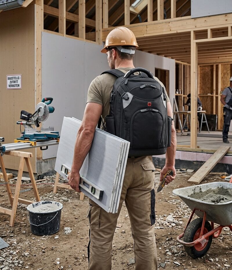 Handwerker mit Wenger Tool Backpack Advanced auf der Baustelle mit Trockenbauplatten – Bau und Trockenbau