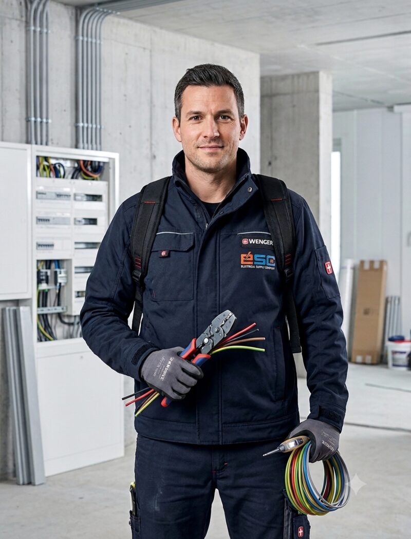 Elektroinstallateur mit Wenger Tool Backpack Professional auf der Baustelle – Elektroinstallation