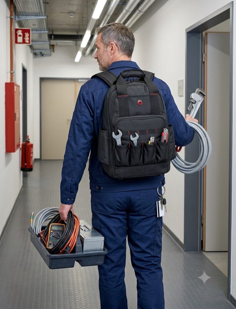 Haustechniker mit Wenger Tool Backpack Professional im Gebäudeflur – Facility Management