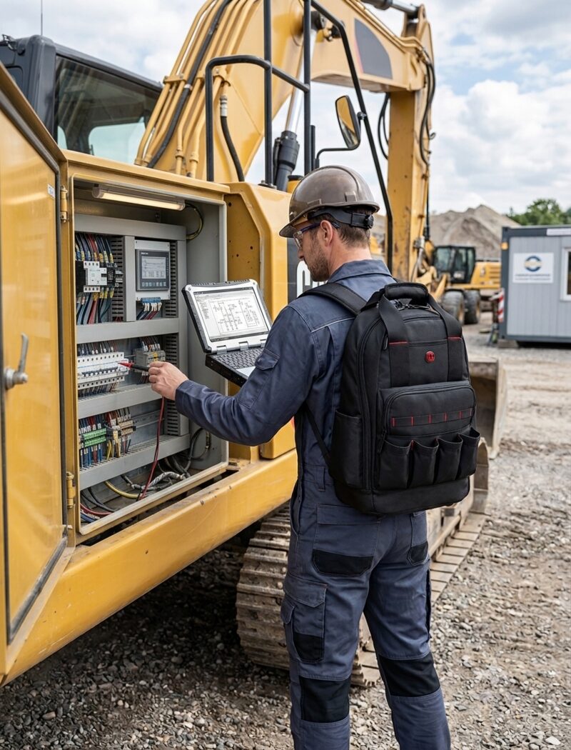 Servicetechniker mit Wenger Tool Backpack Professional bei der Wartung einer Baumaschine – Industrieservice und Wartung