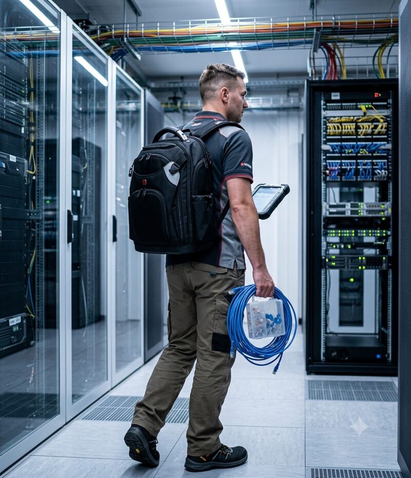 IT-Techniker mit Wenger Tool Backpack Advanced im Serverraum – IT-Service und Außendienst