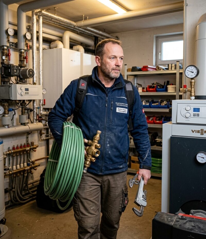 Monteur mit Wenger Tool Backpack Advanced im Heizungsraum – SHK und Heizungsbau