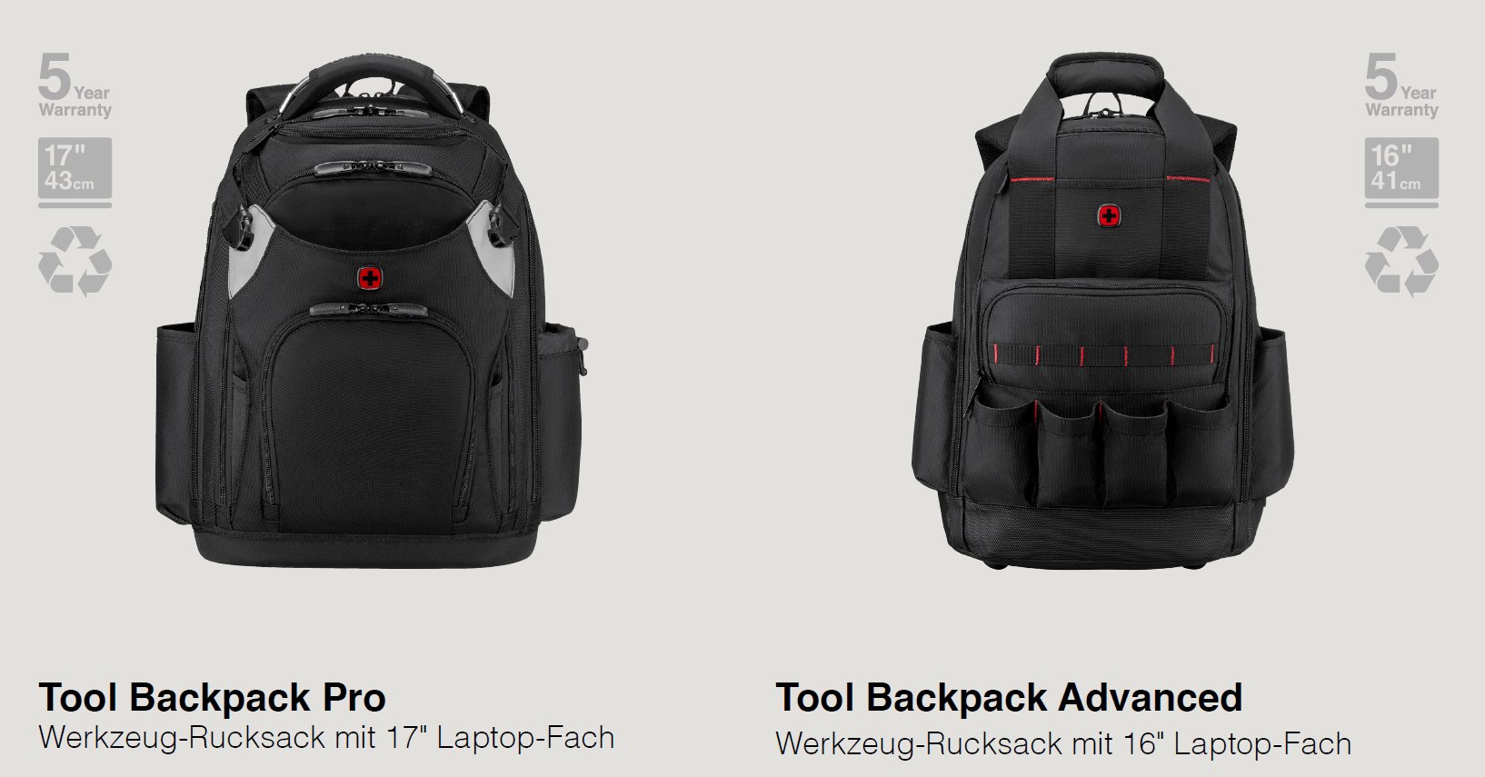 Direktvergleich Tool Backpack Pro (17″, 36 l) und Tool Backpack Advanced (16″, 34 l)