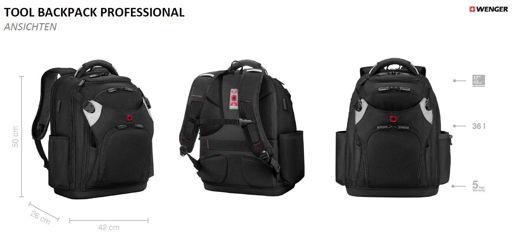 Tool Backpack Pro – Ansichten von vorne, hinten und seitlich mit Maßangaben 42×50×26 cm, 36 l, 17″